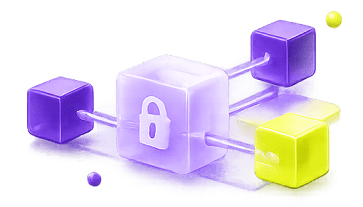 3D illustration of encrypted blocks and a padlock